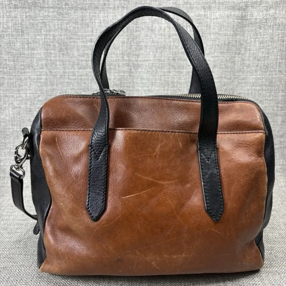 Fossil Sydney Satchel Brown Black Leather Crossbody Bag Two Tone Boho Purse